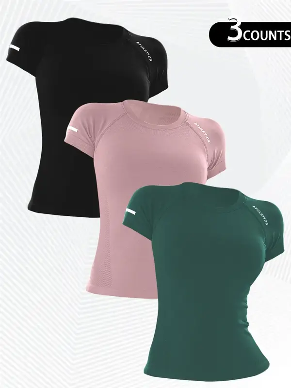 Women's Letter Print Raglan Sleeve Sports Tee, Breathable Quick Drying Round Neck Short Sleeve T-Shirt for Yoga Gym Workout R...