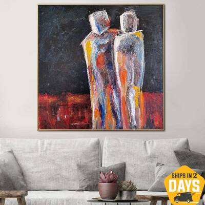 Large Abstract Couple Humans Paintings on Canvas Figurative Art Dark Original Painting Textured Art | RENDEZVOUS 46"x46&...
