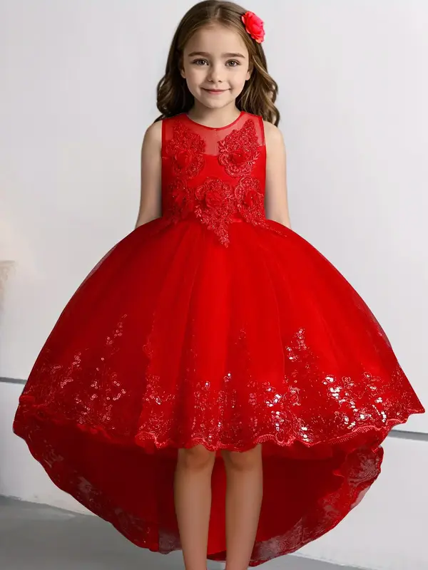 Girl's Contrast Sequin Appliques High Low Hem Tulle Party Dress, Elegant Sleeveless Round Neck Fit & Flare Tutu Dress for Par...