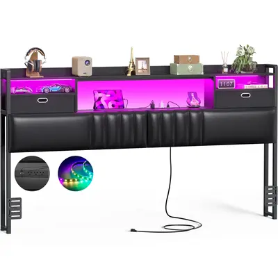 Homieasy King Size Headboard with Drawer Storage and Light, Upholstered Headboard Only with Power Outlet and Bookcase, for B...