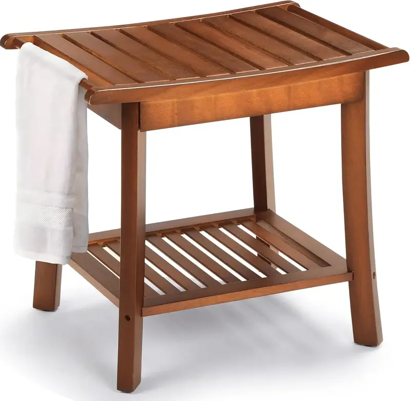 Rengue Teak Shower Bench for Inside 2-Tier Wood Shower Chair with Storage and Towel Rack Waterproof Shower Stool Bathroom Sho...