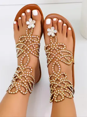 Women's Fashion Rhinestone Decorated Hollow Out Strap Slide Sandals, Casual Comfortable Toe Thong Sandals for Summer, Female ...