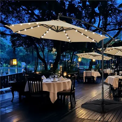 【No Base & 10FT Solar 32 LED Lights Umbrella 】Yaheetech 10FT Solar Offset Umbrella with 32 LED Lights, Handy Crank & Cros...