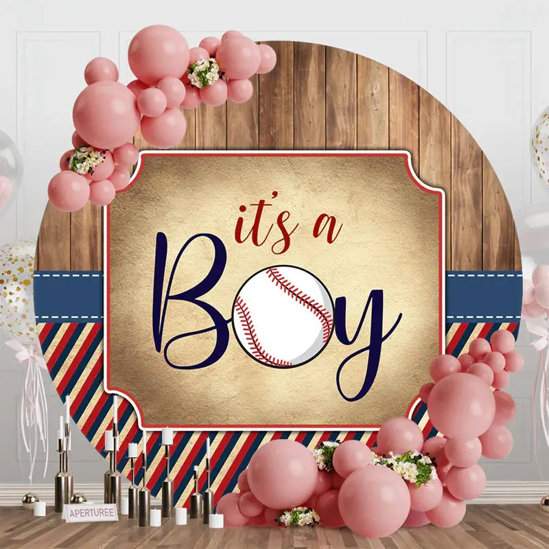 Wooden Stripe Its A Boy Round Baby Shower Backdrop