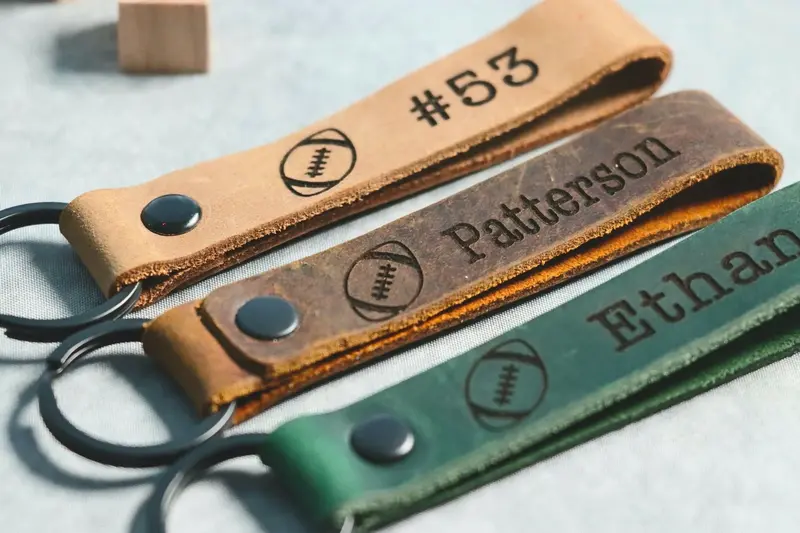 SLIM Football Personalized Keychain / Keyring / bag Tag / Name Tag - Leather Keychain