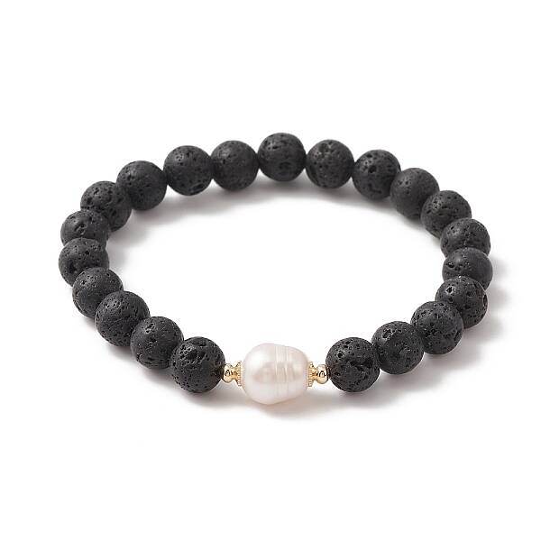 Natural Lava Rock & Pearl Beaded Stretch Bracelets