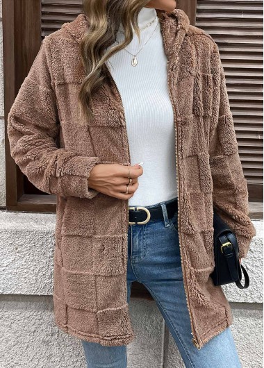 Modlily Dark Coffee Double Side Pockets Long Sleeve Hooded Coat - S