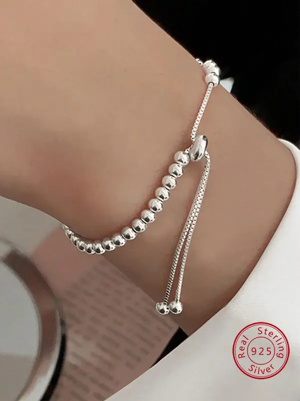 925 Sterling Silver Simple Bead Bracelet, Fashionable Adjustable Chain Bracelet for Women & Girls, Casual Jewelry for Party, ...