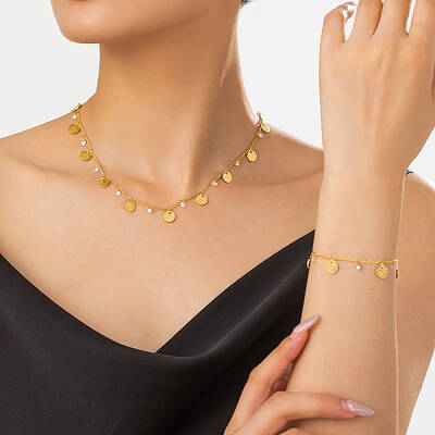 Elegant Brass Flat Round Tassel Necklace and Bracelet Set for Women