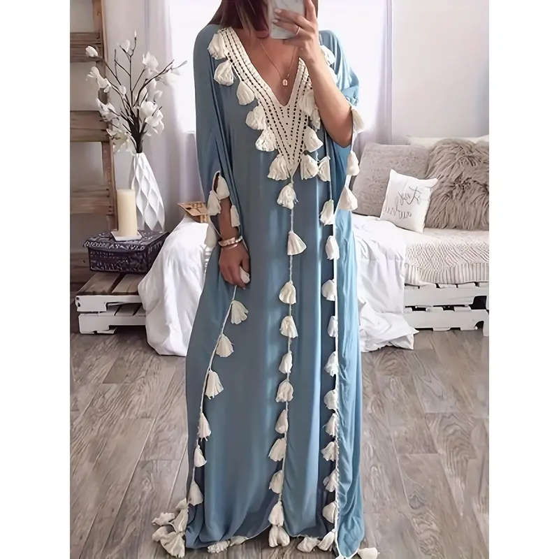 Tassel Decor V-neck Kaftan Dress, Vacation Style Batwing Sleeve Beach Wear Coverup Dress, Women's Clothing