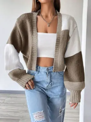Women's Colorblock Print Drop Shoulder Cardigan, Casual Long Sleeve Open Front Knitwear for Fall & Winter, Fashion Ladies' Kn...