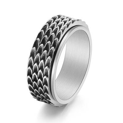 Grooved Feather Stainless Steel Rotating Finger Ring