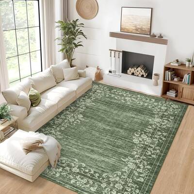 Garvee Washable 8x10 Area Rug Floral Bordered Soft Non-Shedding Polyester TPR Backing Non-Slip Living Room Bedroom Nursery