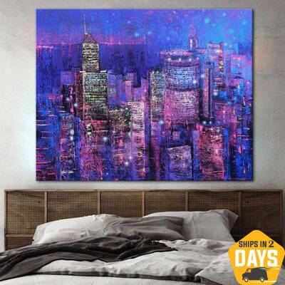 Abstract Purple Paintings On Canvas City Fine Art Original Handmade Painting Support Ukraine Artist | SKYSCRAPERS 35"x43...