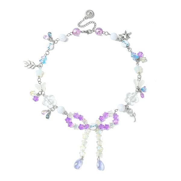 Alloy Leaf & Flower & Bowknot Pendant Necklace