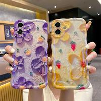 Laser Colorful Retro Oil Painting Flower Pattern for iPhone 16 15 14 13 Pro Cute Curly Wave Frame Exquisite Phone Case for Gi...