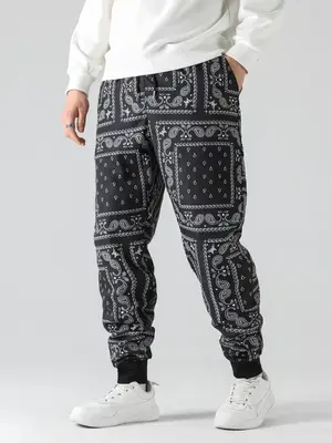 Men's Chic Ethnic Pattern Pocket Jogger Cargo Pants, Vintage Paisley Scarf Printed Pants, Casual Woven Long Pants, Men's 2024...