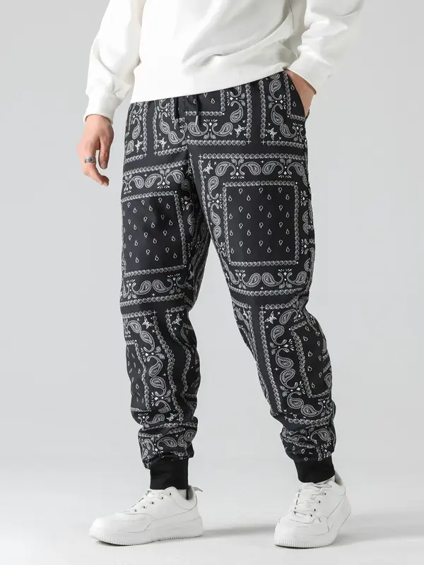 Men's Chic Ethnic Pattern Pocket Jogger Cargo Pants, Vintage Paisley Scarf Printed Pants, Casual Woven Long Pants, Men's 2024...