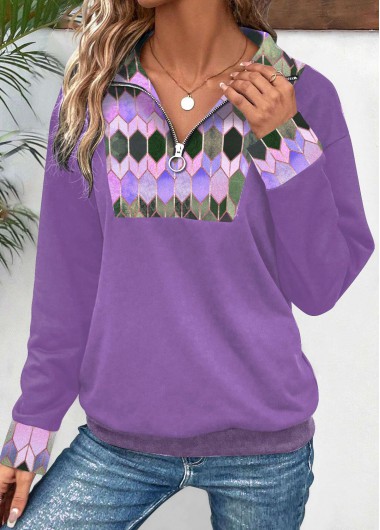 Modlily Purple Patchwork Geometric Print Long Sleeve Sweatshirt - M