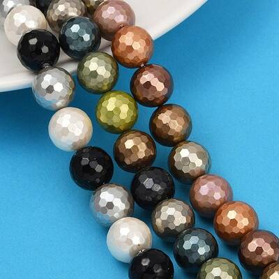 Faceted Round Shell Pearl Beads Strands