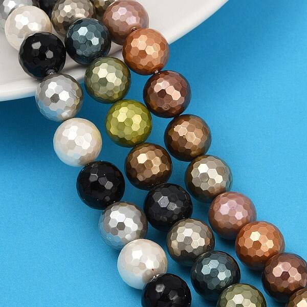 Faceted Round Shell Pearl Beads Strands
