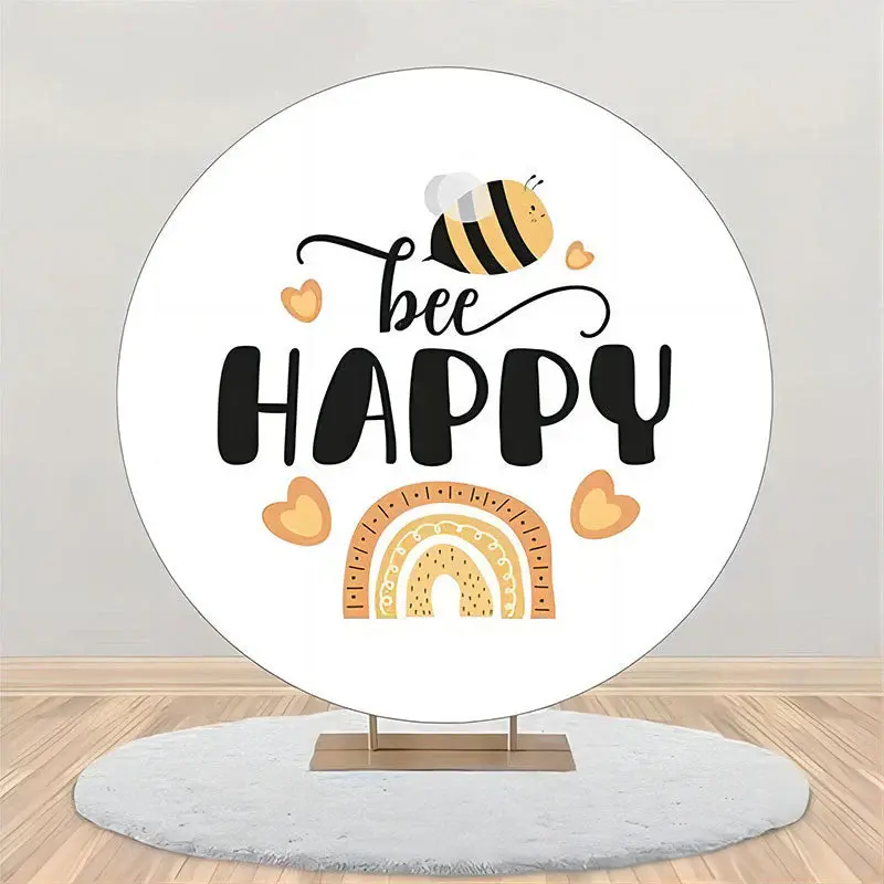 White Honeybee Arch Rainbow Round Birthday Backdrop - Aperturee