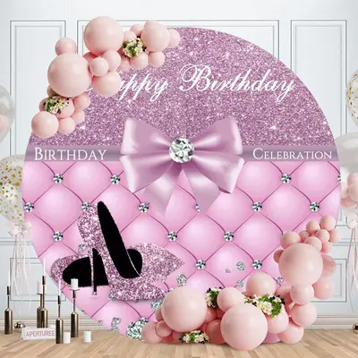 Aperturee Purple Glitter Round Happy Birthday Backdrop