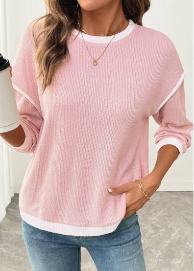 Modlily Pink Patchwork Long Sleeve Round Neck Sweatshirt - XL