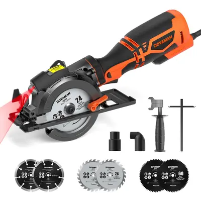 DOVAMAN Circular Saw, 5.8A 4-1/2 w/Laser, Auxiliary Handle, 6 Saw Blades(4½, 4¾) Max Cutting Depth 1-11/16, Wood, S...