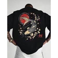 Men'S Casual Golden Koi Fish & Cherry Blossom Print T-Shirt - Loose Fit, Short Sleeve, Round Neck, 100% Cotton, Summer Outdoo...