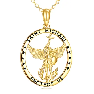 14K Gold Saint Michael Pendant Necklace with Engraved Word