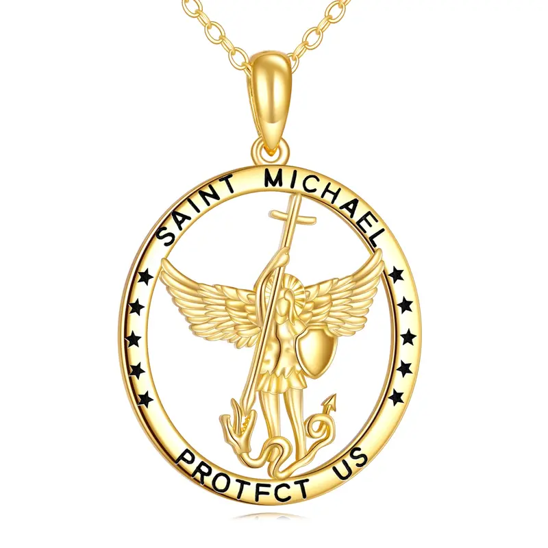 14K Gold Saint Michael Pendant Necklace with Engraved Word