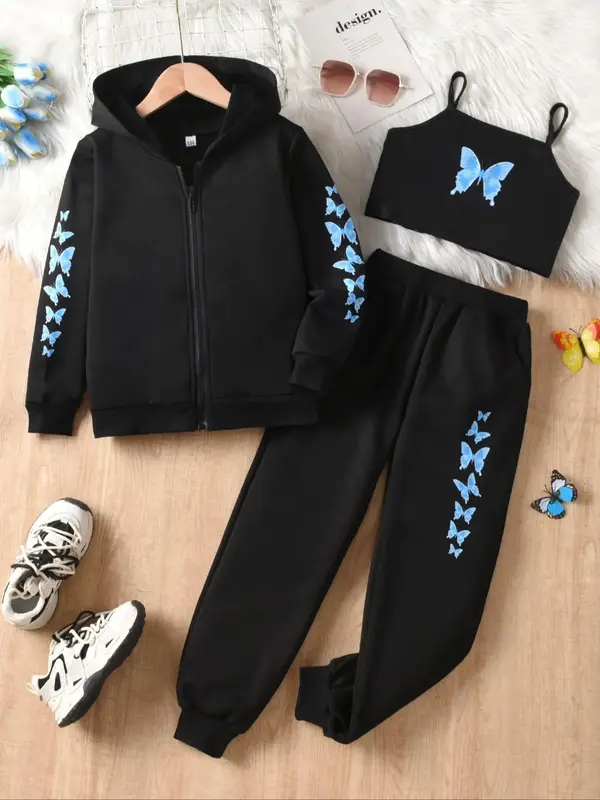 Girls' Casual 3-Piece Set, Zipper Cardigan Jacket, Spaghetti Strap Top, Butterfly Print Pants, Soft Fabric, Perfect for Fall ...