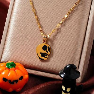 Stylish Halloween Skull Stainless Steel Black Enamel Pendant Dapped Chain Necklaces