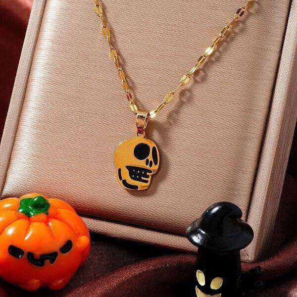 Stylish Halloween Skull Stainless Steel Black Enamel Pendant Dapped Chain Necklaces