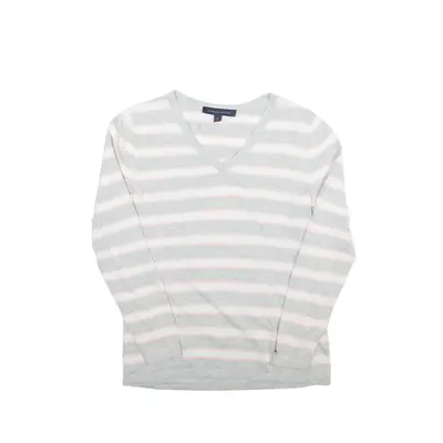 TOMMY HILFIGER Striped Sweatshirt Grey V-Neck Womens M