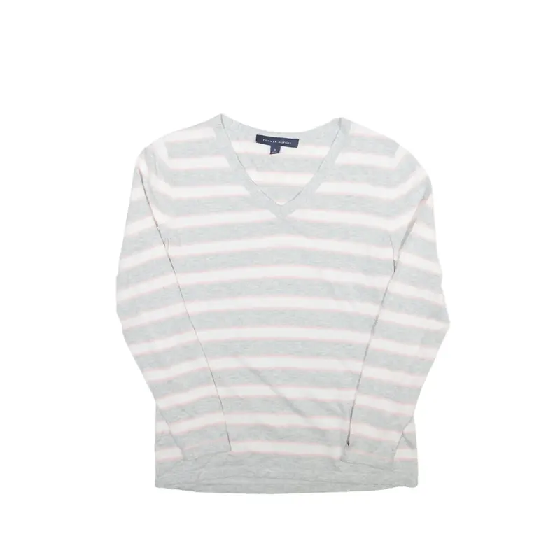 TOMMY HILFIGER Striped Sweatshirt Grey V-Neck Womens M