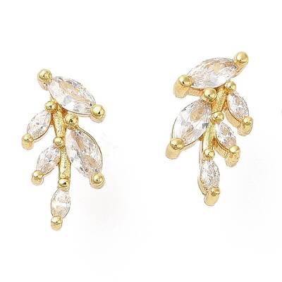 Rack Plating Brass Leaf Stud Earrings with Cubic Zirconia