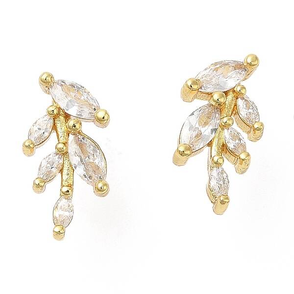 Rack Plating Brass Leaf Stud Earrings with Cubic Zirconia