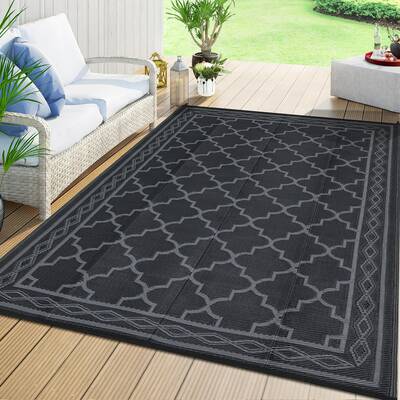 Garvee Outdoor Black Grey 9×18 Large Rug Waterproof Plastic Straw Rug Moroccan Outdoor Rug Easy-Cleaning Outdoor Area Rug Ca...