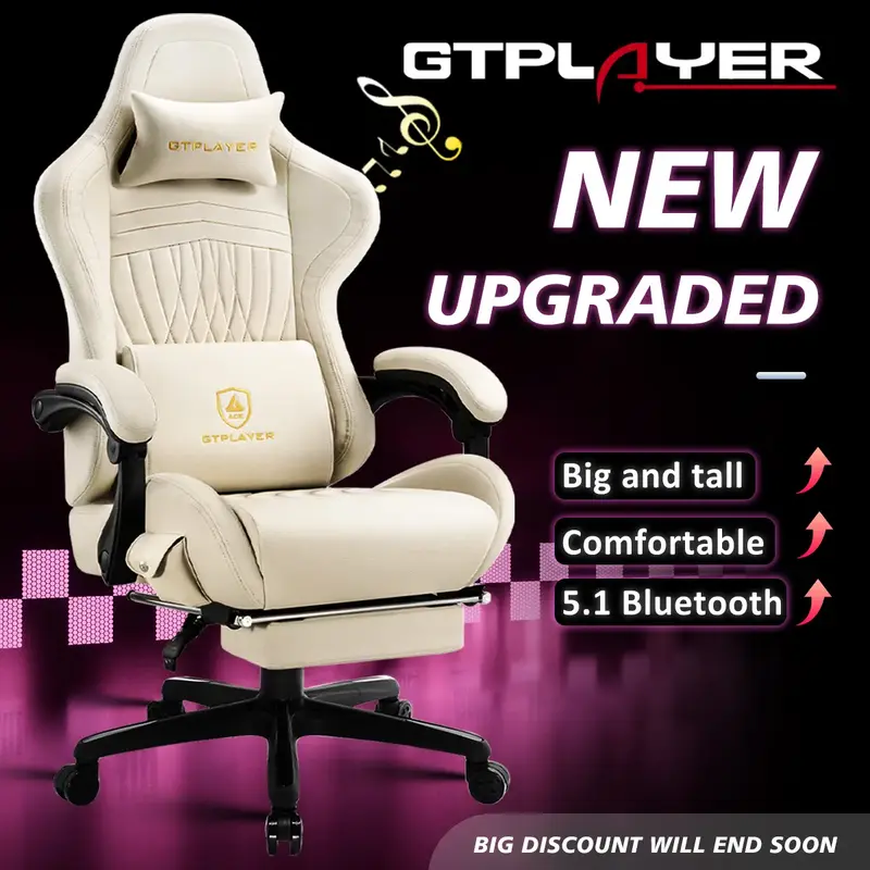 GTPLAYER Gaming Chair, Computer Chair with Footrest and Bluetooth Speakers, High Back Ergonomic Gaming Chair, Leather, Spring...