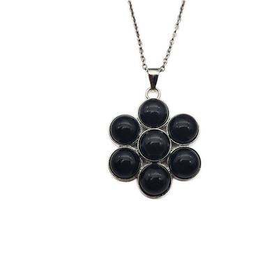 Natural Dyed & Heated Black Agate Flower Pendant Necklaces