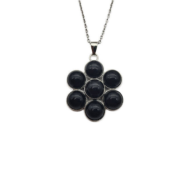 Natural Dyed & Heated Black Agate Flower Pendant Necklaces
