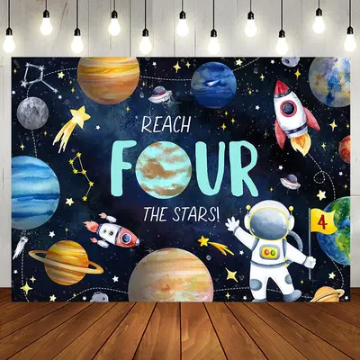 Universe Astronaut Planet Stars 4th Birthday Backdrop - Aperturee