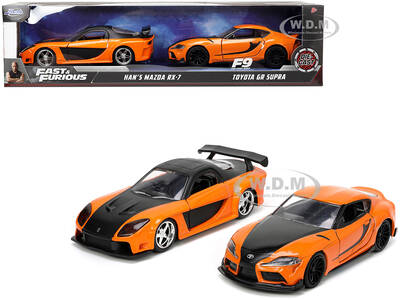 Hans Mazda RX-7 Orange Metallic and Matt Black and Toyota GR Supra Orange Metallic with Black Hood Set of 2 pieces \