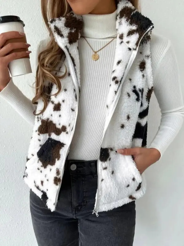 Women's Cow Print Zip Up Plush Gilet , Casual Pocket Collared High Neck Vest Outerwear for Fall & Winter, Clothing Tops for L...