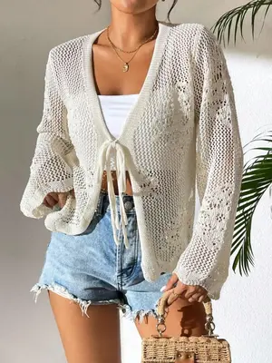 Women's Plain Sheer Tie Front Sweater Cardigan, Casual Long Sleeve Cardigan for Daily Wear, Ladies Knitwear for All Seasons