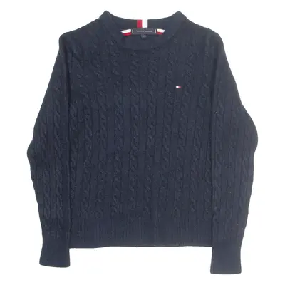 TOMMY HILFIGER Girls Jumper Blue V-Neck Cable Knit Wool L