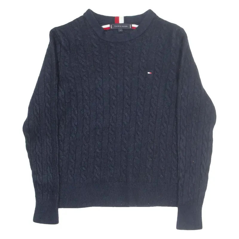 TOMMY HILFIGER Girls Jumper Blue V-Neck Cable Knit Wool L