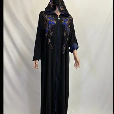 Royal Blue Abaya with Adjustable Sleeves & Hood Rhinestone Leaf Design Pockets Fashionable Women's Wear Black Color